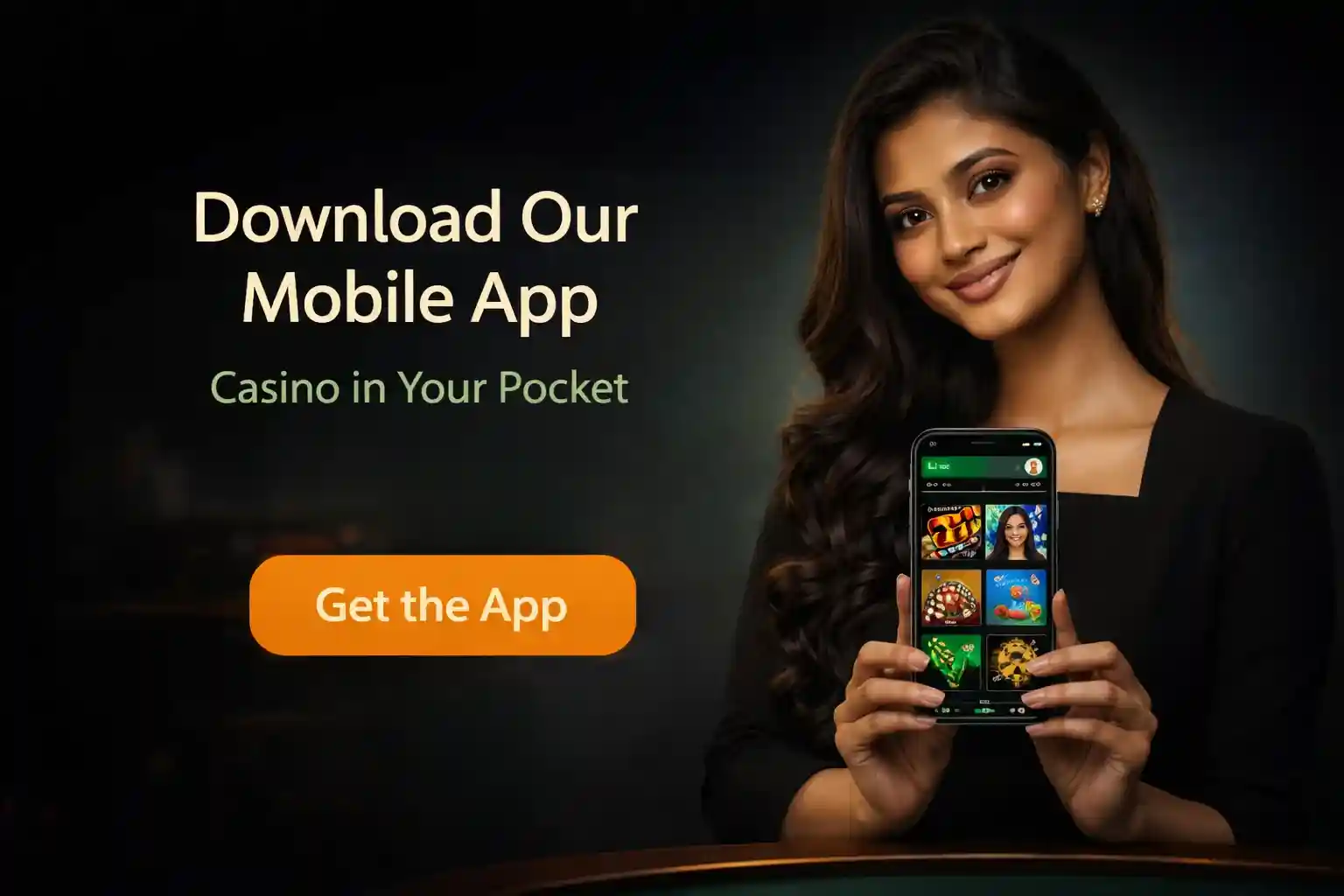 Indian woman holding mobile casino app with slot games