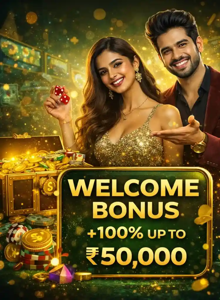 Indian couple presenting welcome bonus up to fifty thousand rupees